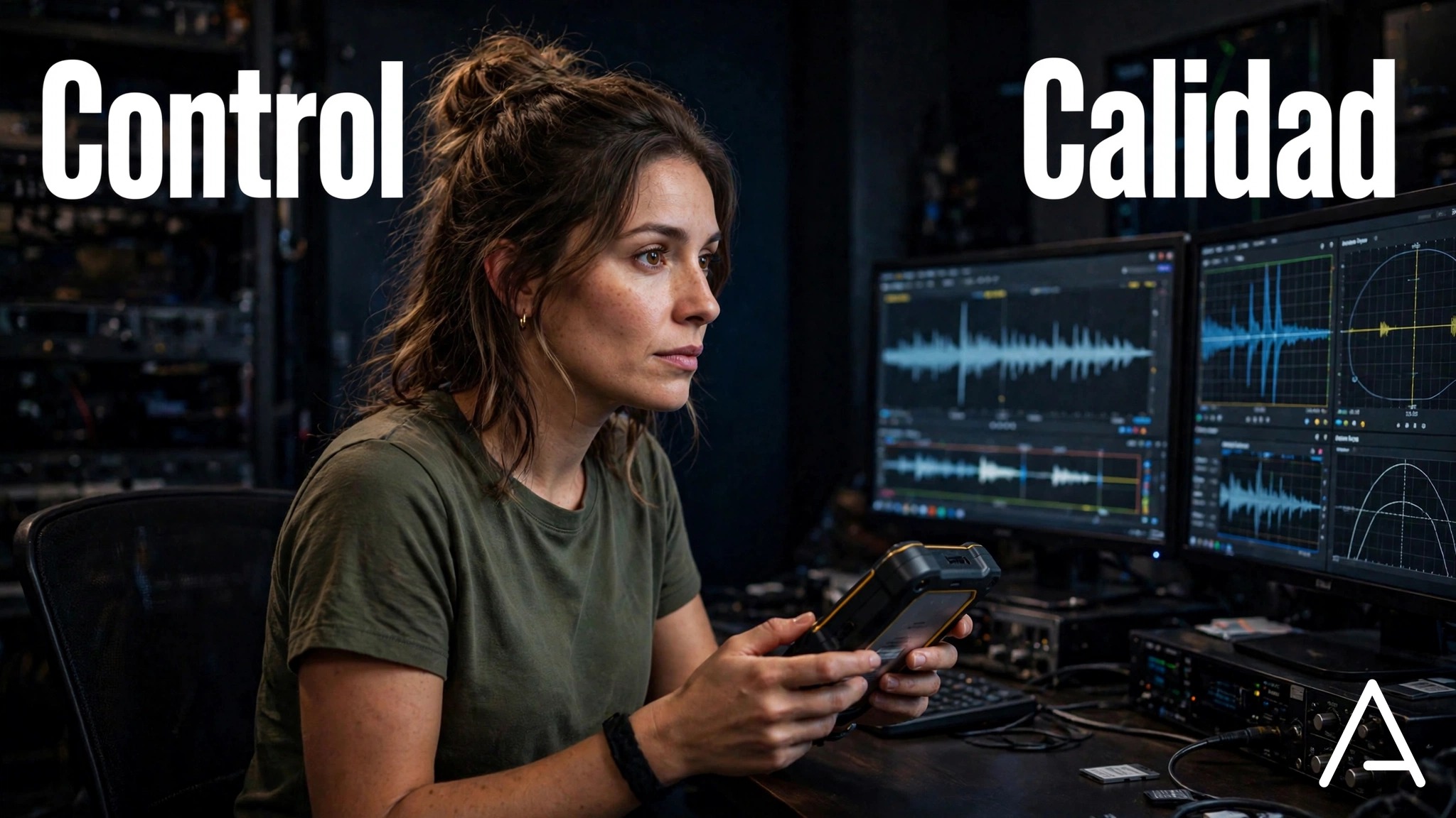 Técnica revisando los monitores de forma de onda en control de calidad, Arttv Studios