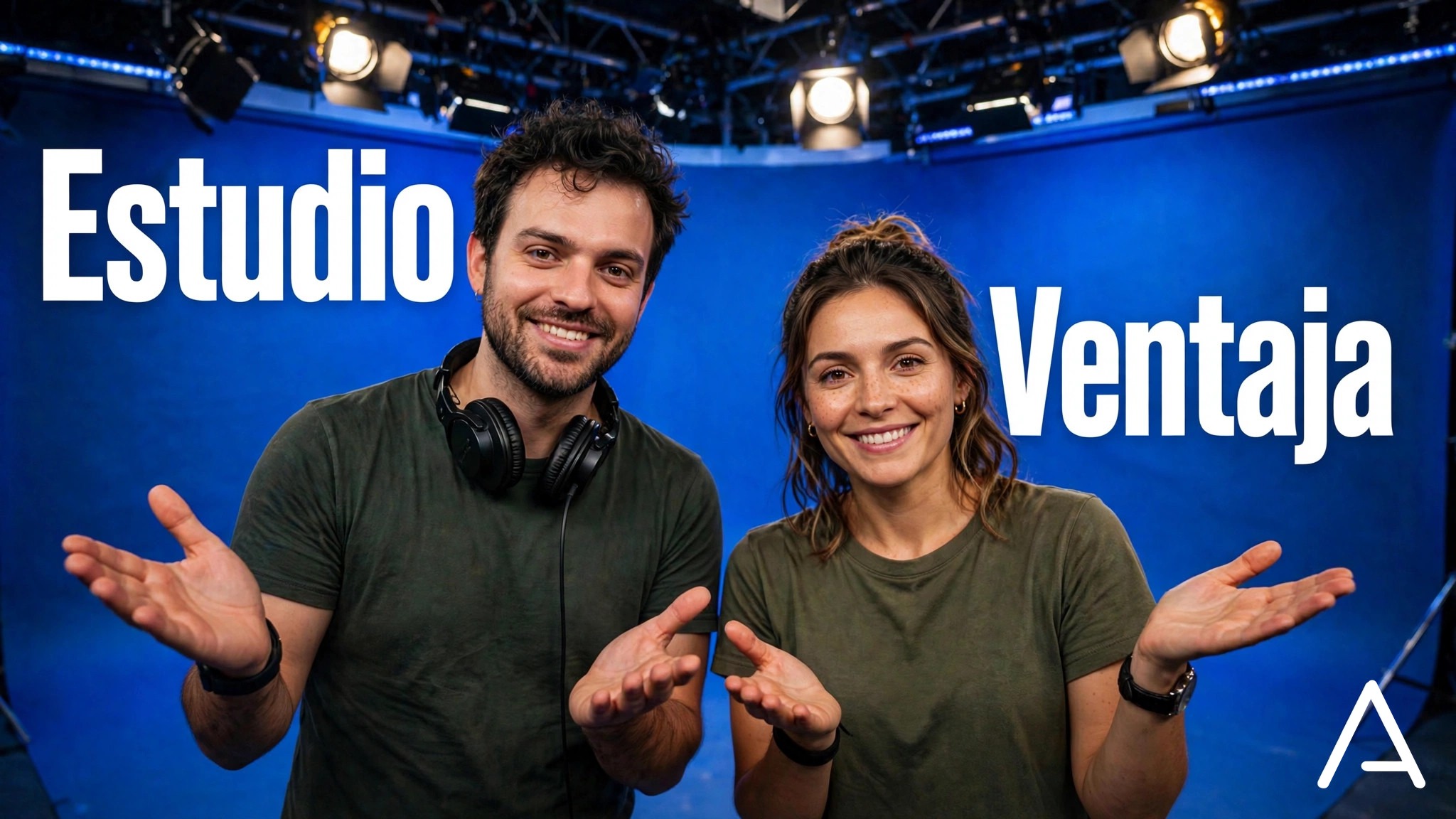 Presentadora mostrando el estudio azul de Arttv Studios en Bogotá