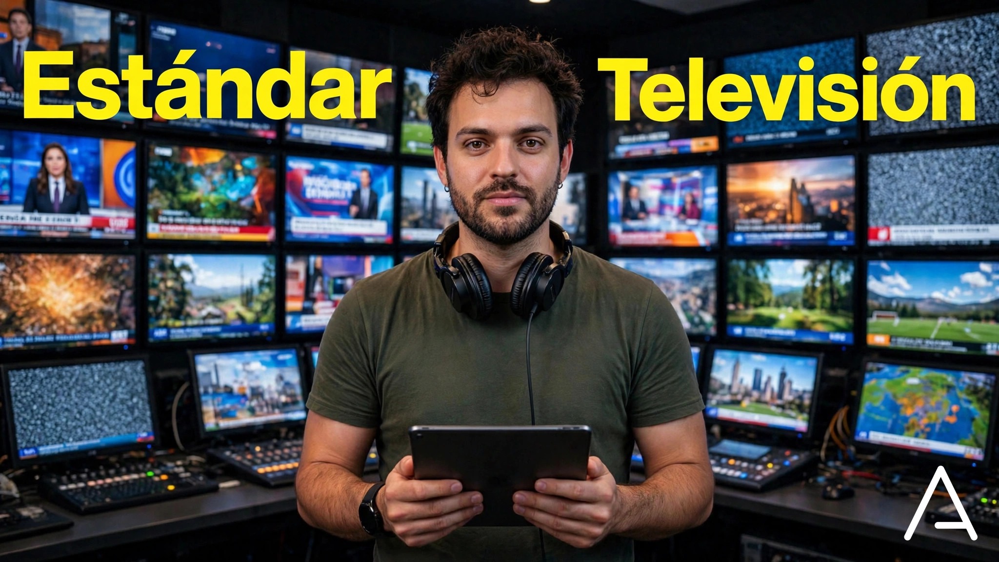 Técnico con tableta frente a los monitores de control en Arttv Studios, Bogotá